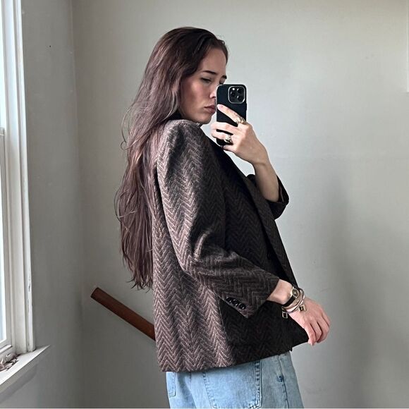 Vintage Evan Picone Herringbone Double Breasted Blazer Jacket Patch Pocket Brown - Picture 3 of 8